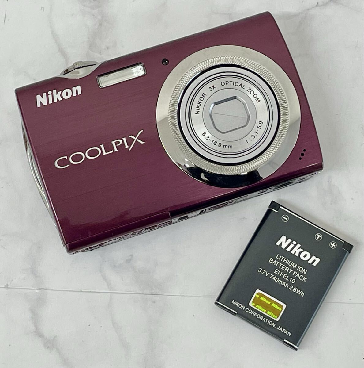 H1 通電確認済み Nikon COOLPIX ニコン クールピクス デジタルカメラ S230 パープル バッテリー付き デジカメ コンデジ 中古品 動作未確認