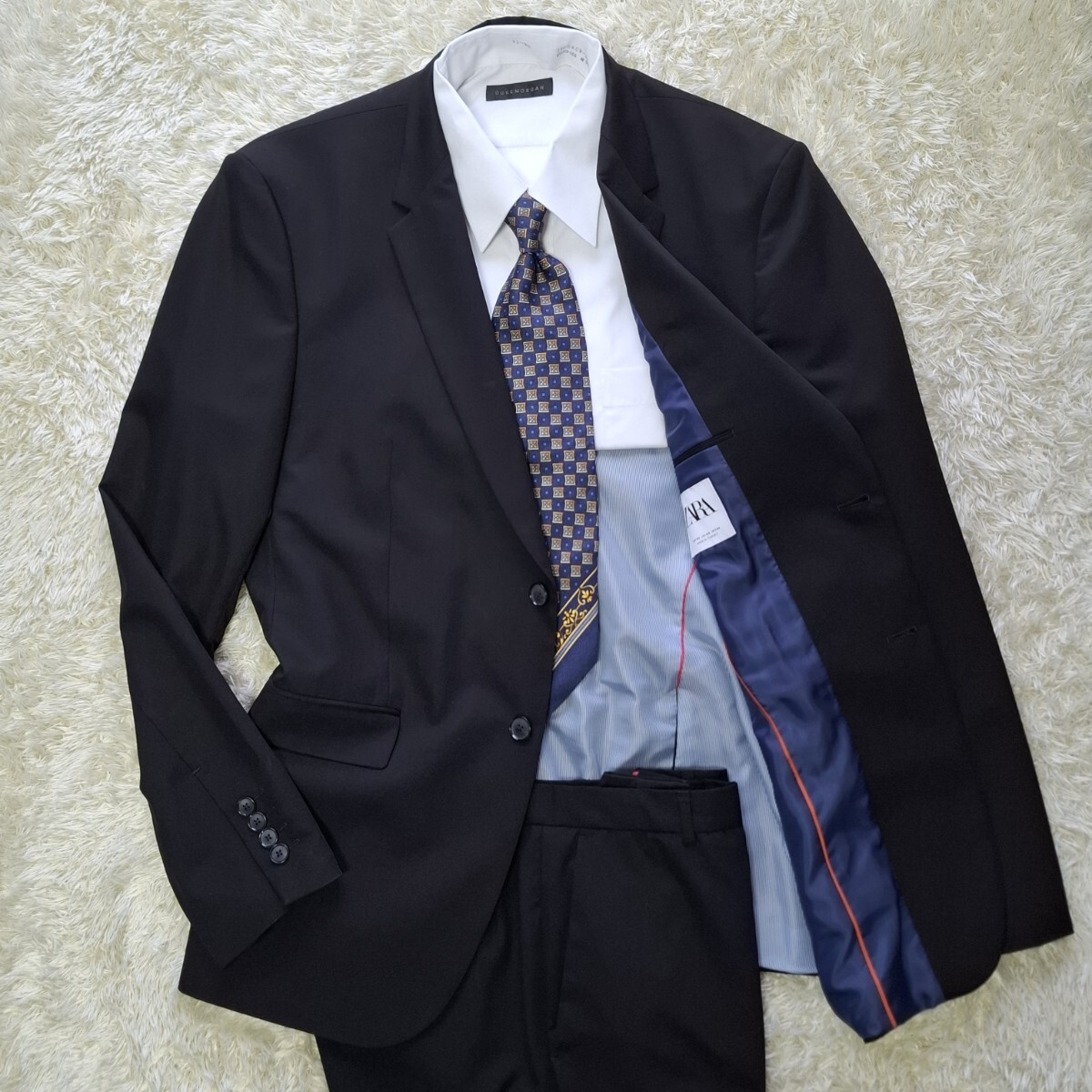 希少XLサイズ ザラ ZARA ザラ スーツ セットアップ テーラードジャケット 黒 2B 総裏地・青・ストライプ フェイクチーフ ピンバッジ 洗濯済