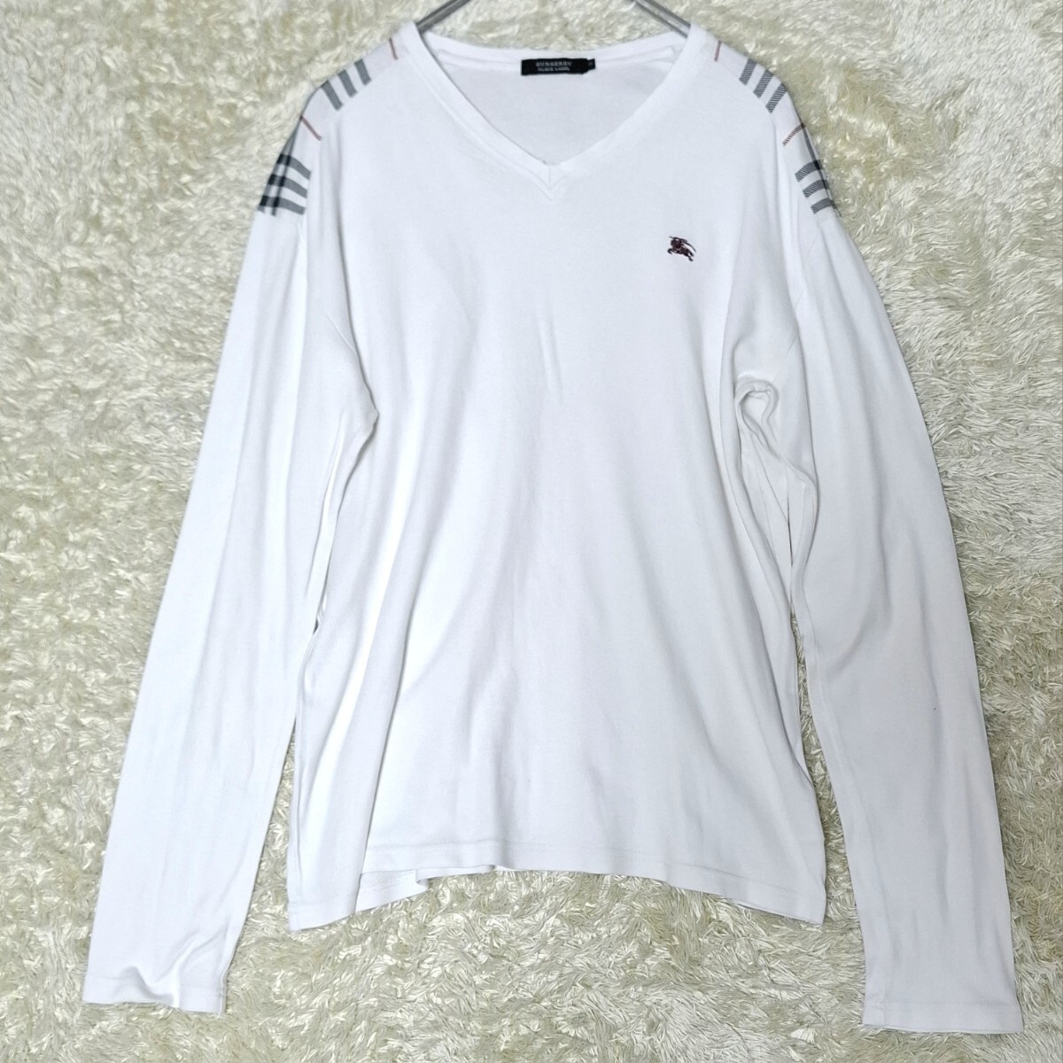 希少Lサイズ バーバリーブラックレーベル BURBERRY BLACK LABEL ノバチェック ロンT 長袖Tシャツ 白 ホワイト 綿 ナイト刺繍 手洗い洗濯済