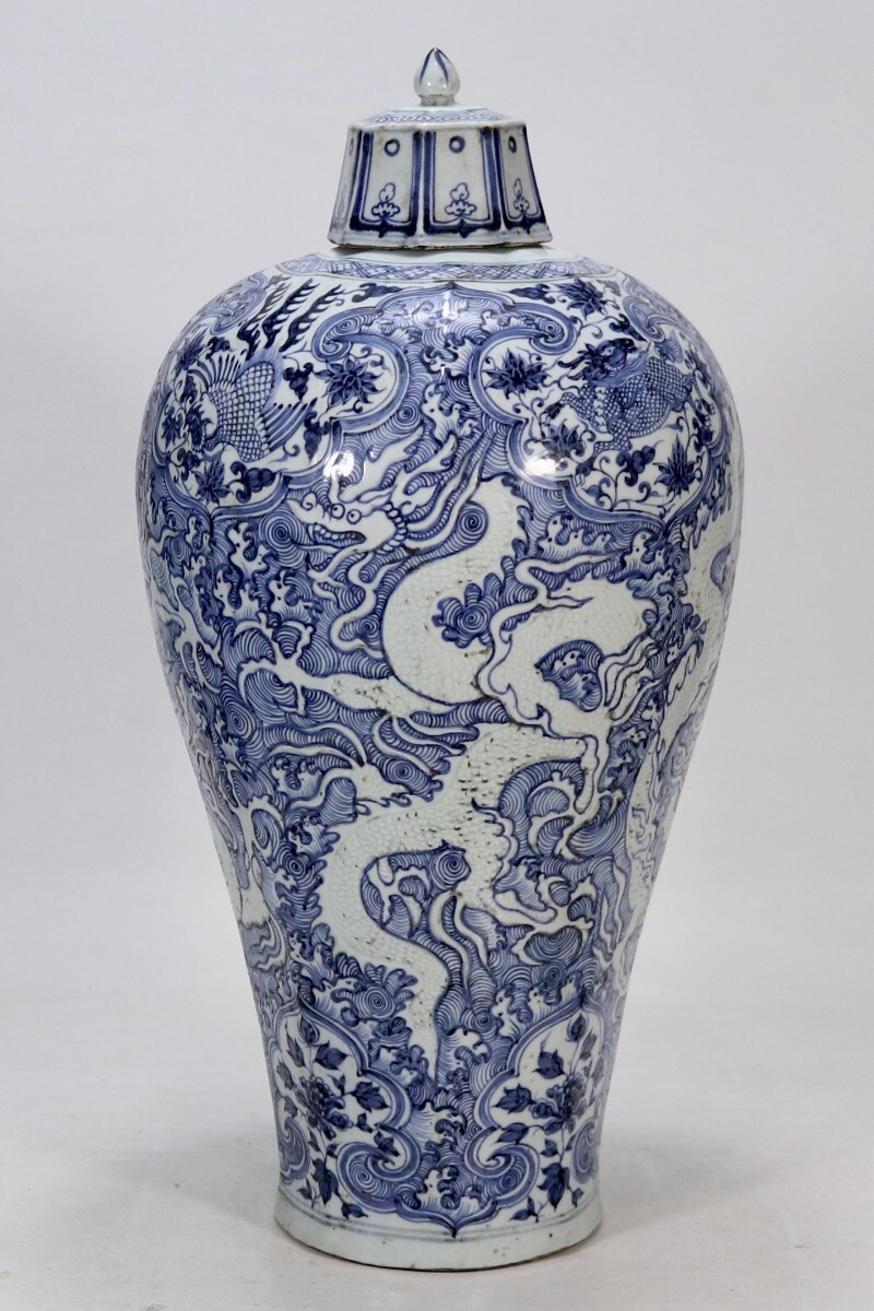 【萬藏】中国古美術 元時代 青花 罐 壺 蓋付 骨董 古玩 時代物 中国美術 古美術 骨董品 唐物 当時物 高さ51cm w23