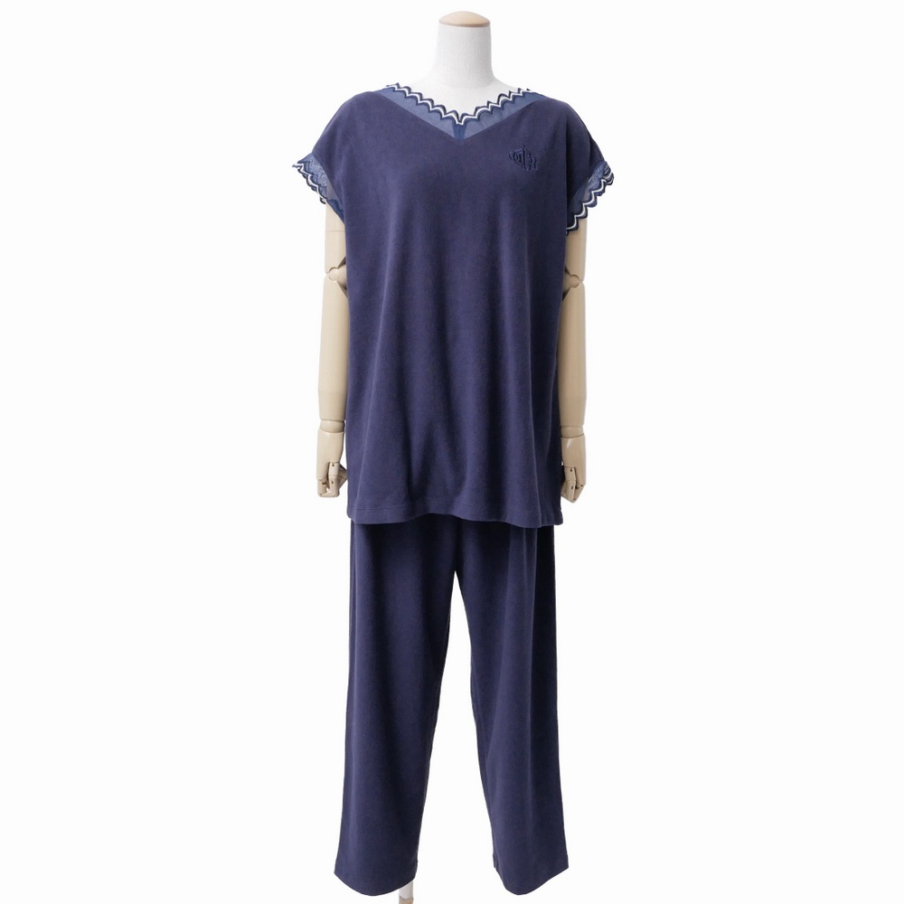 GT4788:Christian Dior/ディオール ヴィンテージ パイル地 セットアップ トップス パンツ スカラップレース ストレッチ ネイビー系 サイズL