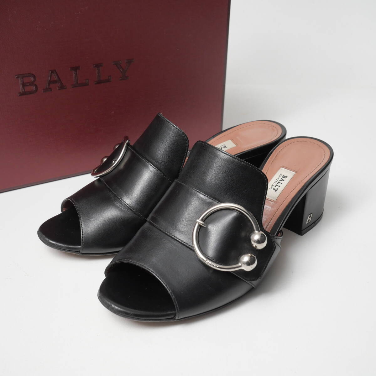 GS8453▲イタリア製 BALLY バリー JORIA 55 サイズ37.5 スムースレザー バックル ミュール サンダル チャンキーヒール 靴 ブラック系