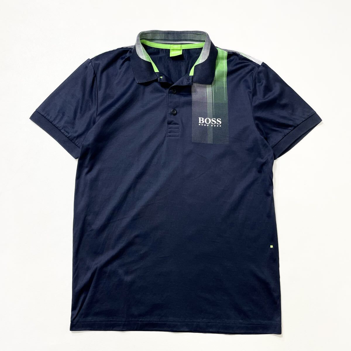 74 HUGO BOSS ヒューゴ ボス ストレッチ 半袖 ポロシャツ MODERN FIT 近年 ロゴプリント ネイビー メンズ GOLF ゴルフにも 60529G