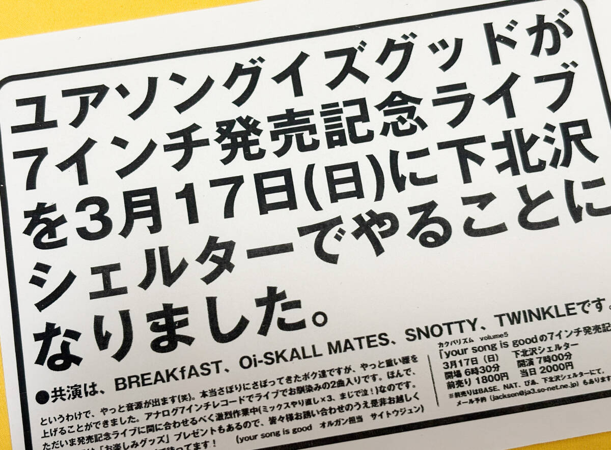 ◆ 日本のパンク/インディーズ チラシ/フライヤー 15/ YOUR SONG IS GOOD / BREAKfAST / Oi-SKALL MATES / SNOTTY / TWINKLE ◆