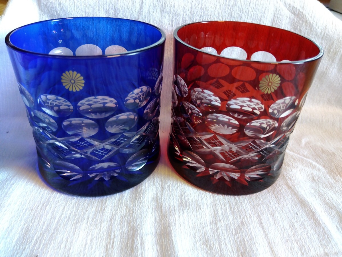 木村硝子　江戸切子　ペアグラス 赤 青 グラス 美品　保管品(2w11N)