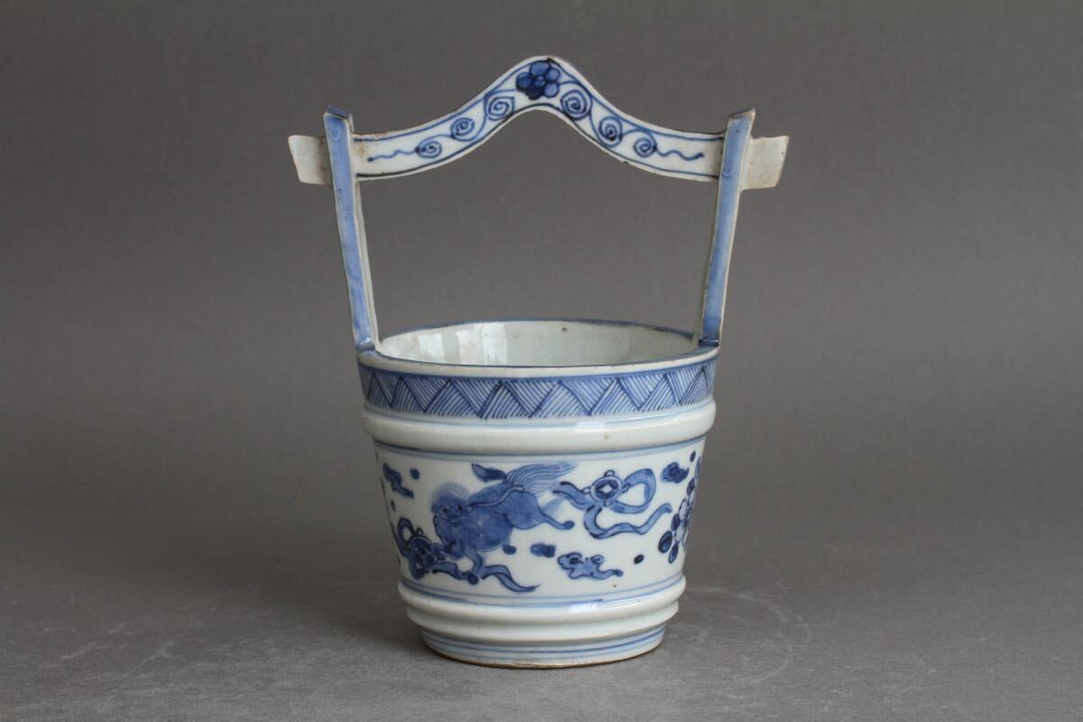 【久】1628 新渡染付桶形花器　時代品　　唐物　中国美術　