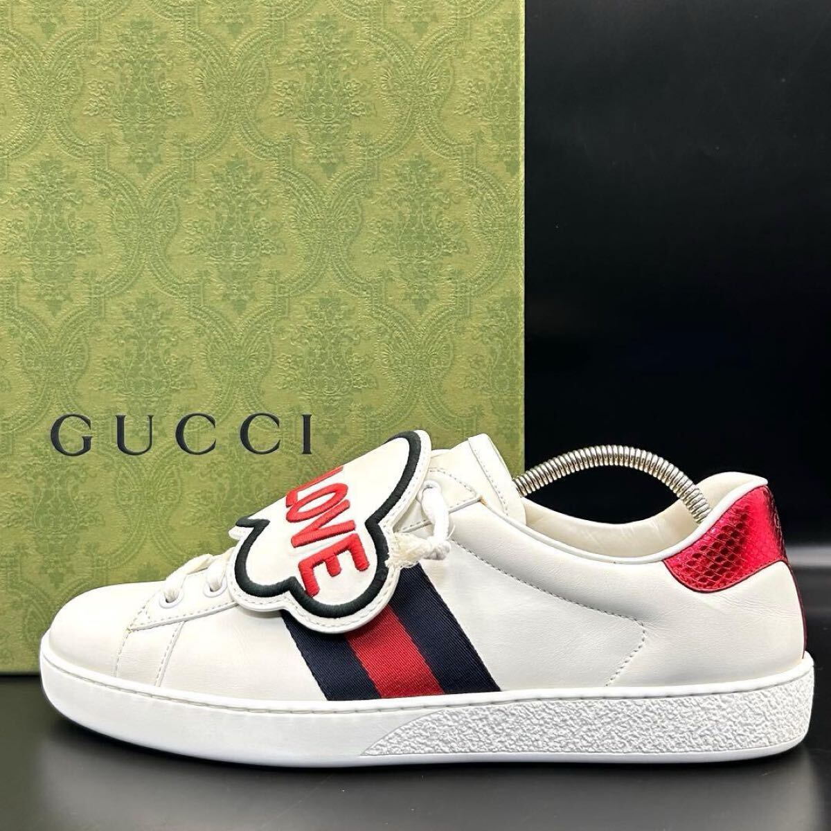1円【極美品】GUCCI グッチ エース スニーカー ACE BLIND FOR LOVE ローカット パッチ メンズ レザー ホワイト 白シューズ 靴 26cm相当