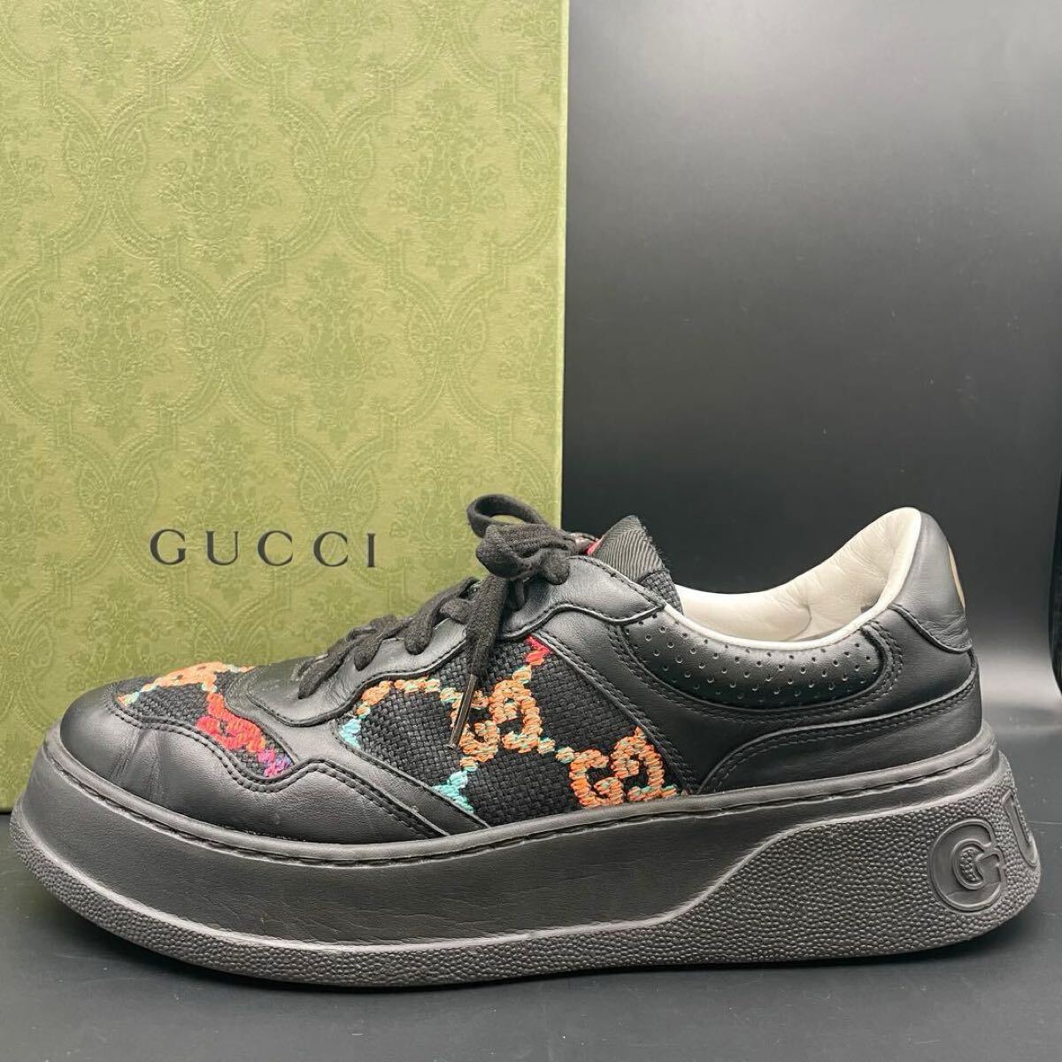 1円【美品】GUCCI グッチ GGエンボス チャンキー ジャンボ スニーカー 厚底 シューズ 靴 刺繍 メンズ サイズ27cm相当 ブラック 黒