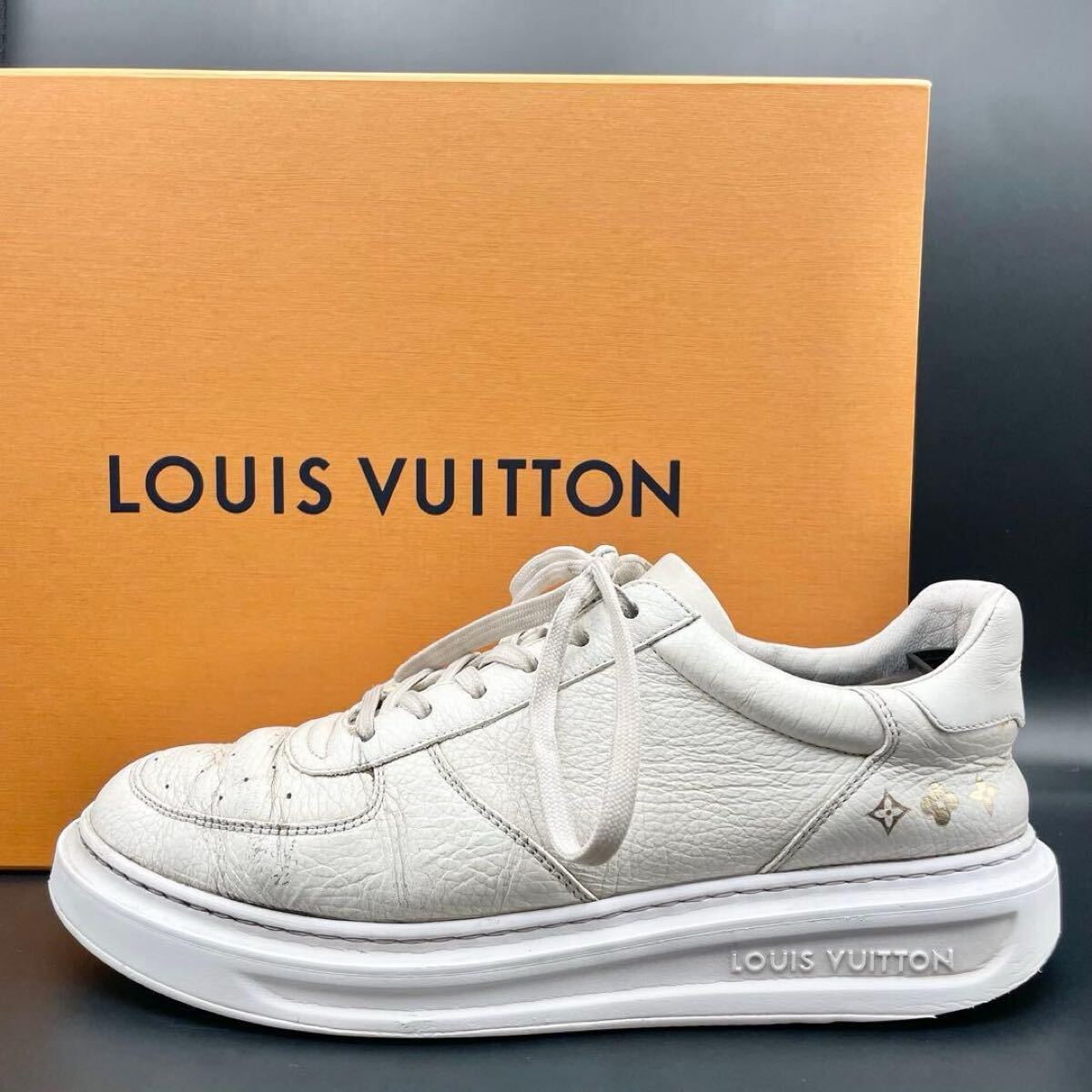 1円【王者の風格】LOUIS VUITTON ルイヴィトン ビバリーヒルズ ライン スニーカー モノグラム ロゴ メンズ レザー ホワイト 白 26.5cm相当