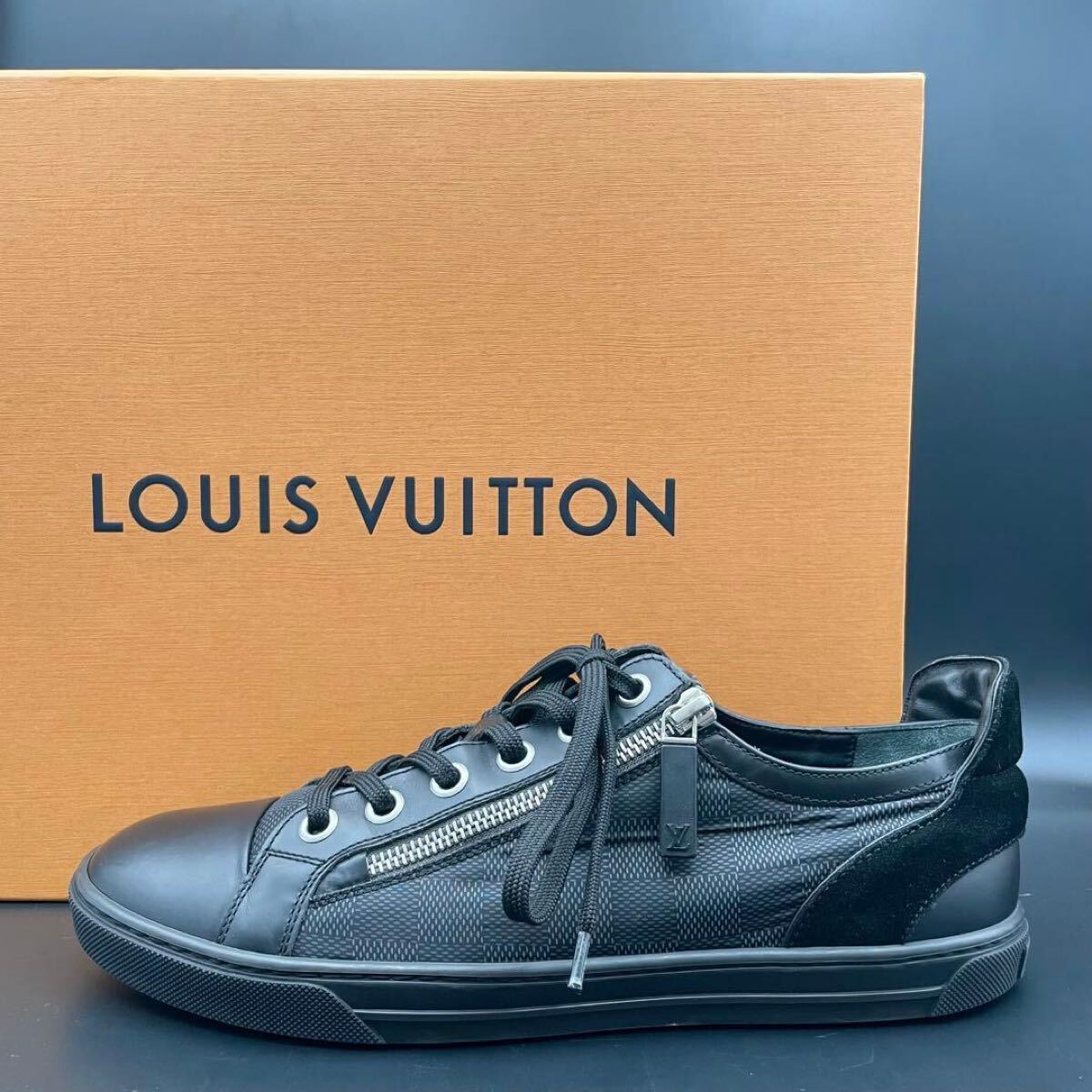 1円【美品】LOUIS VUITTON ルイヴィトン アバンチュール スニーカー ダミエ サイドジップ ロゴ メンズ レザー ブラック 黒 靴 25.5cm相当