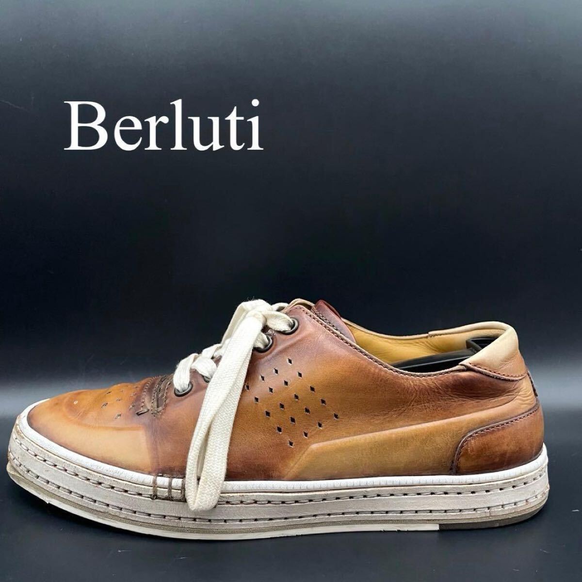 1円【王者の風格】Berluti ベルルッティ プレイタイム スニーカー パティーヌ レザー ロゴ メンズ ブラウン 茶色 シューズ サイズ25cm相当