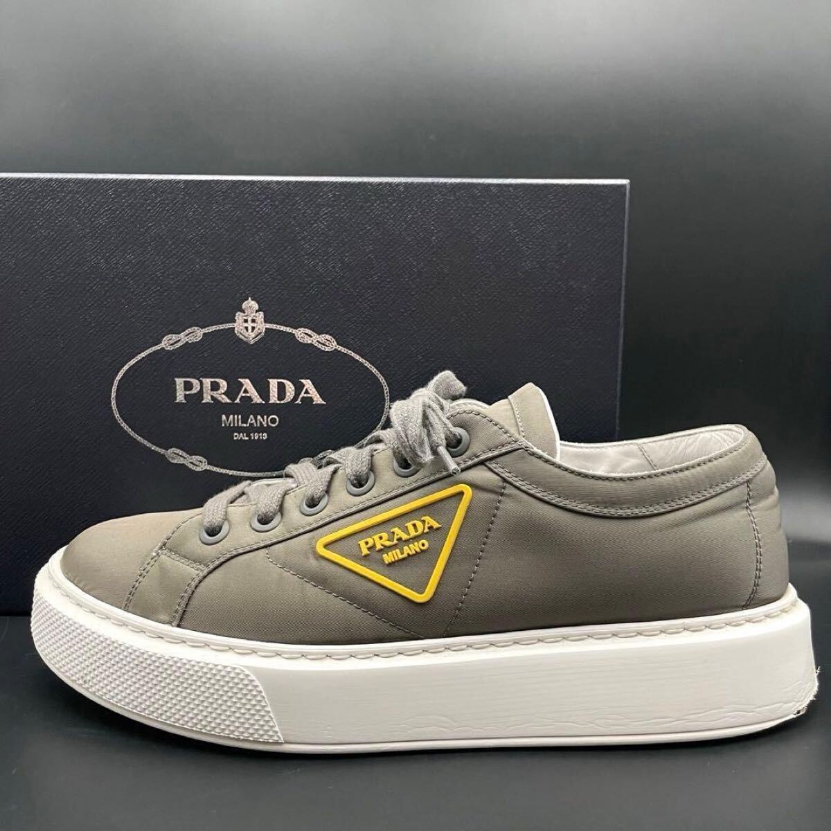 1円【美品】PRADA プラダ ナイロン スニーカー 厚底 三角ロゴ トライアングルロゴ メンズ ナイロン グレー 灰色 シューズ 靴 27cm相当