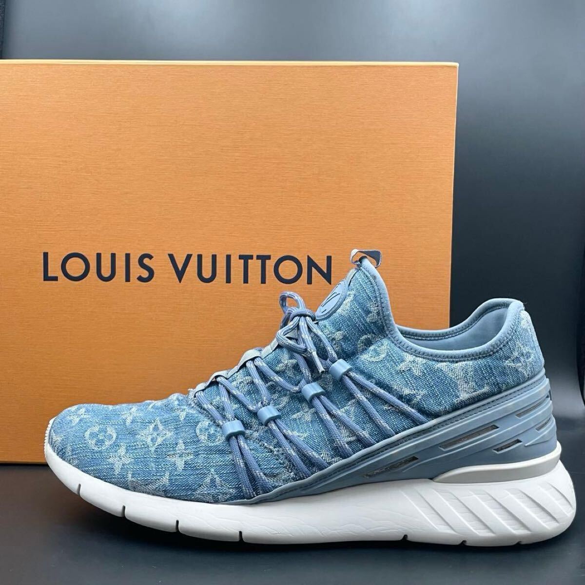 1円【美品】LOUIS VUITTON ルイヴィトン ファストレーンライン スニーカー モノグラム LVロゴ メンズ デニム ブルー 青 サイズ28.5cm相当