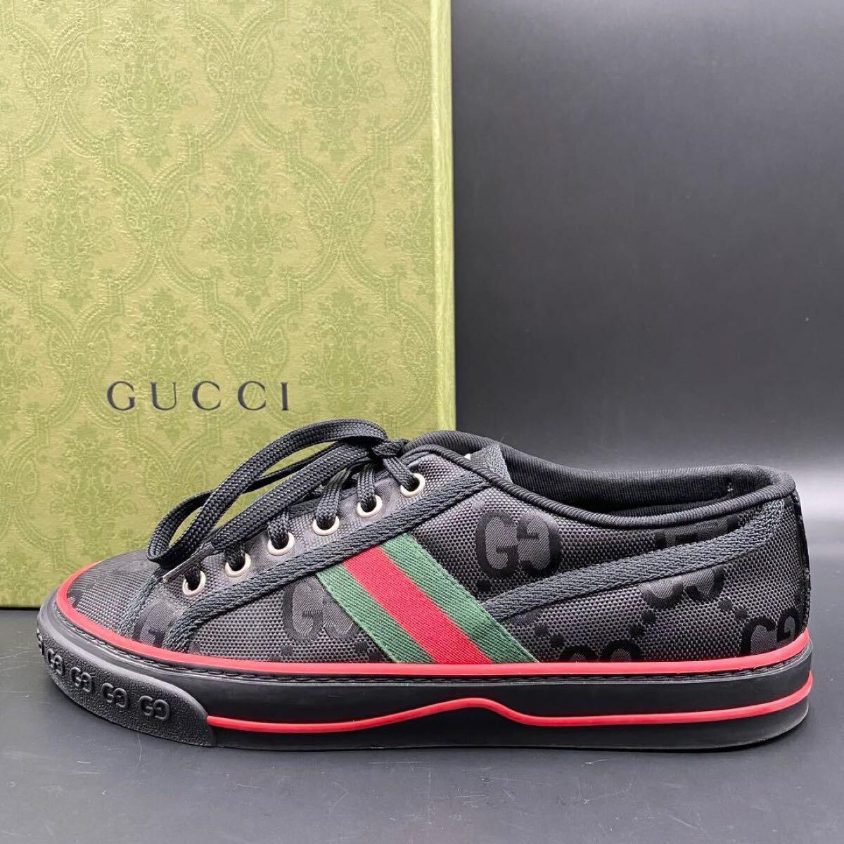 1円【極美品】GUCCI グッチ テニス スニーカー 1977 ローカット GG柄 ジャンボ シェリーライン ロゴ メンズ ブラック 黒 デニム 25cm相当
