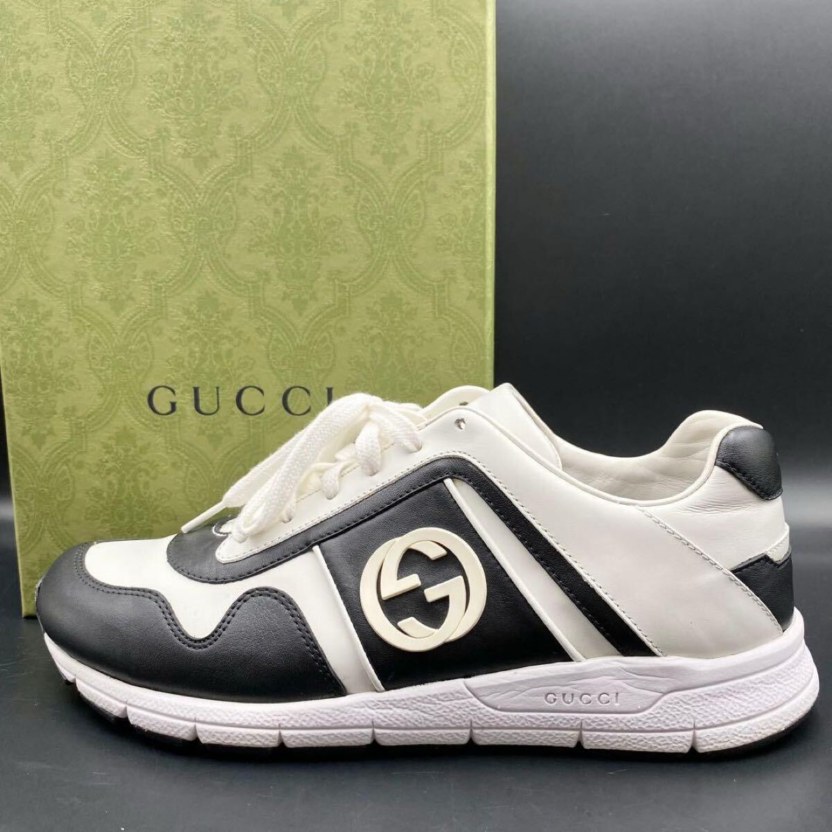 1円【極美品】GUCCI グッチ ローカットスニーカー インターロッキング ロゴ メンズ レザー ブラック ホワイト 黒 白 サイズ25.5cm相当