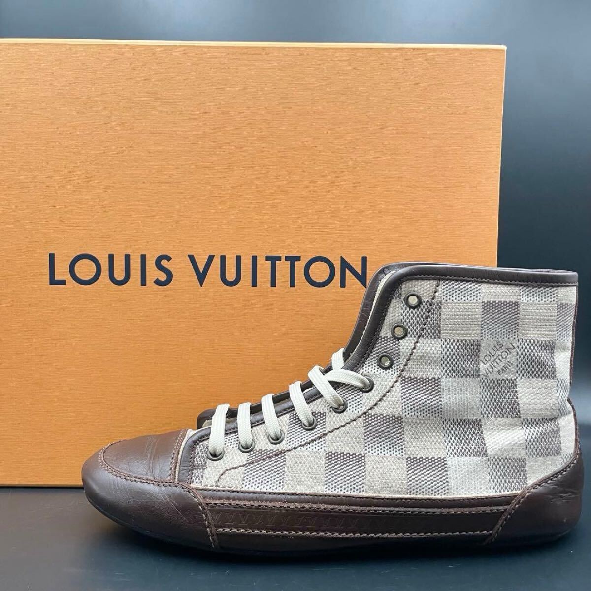 1円【美品】LOUIS VUITTON ルイヴィトン ハイカットスニーカー ダミエ柄 ロゴ メンズ PVC レザー ブラウン 茶色 サイズ26cm相当