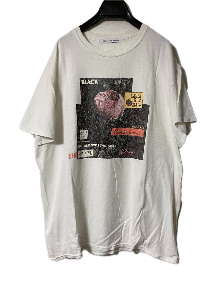 children of the discordance 18SS STOP AND SMELL THE ROSES 期 カラー表記 バンドフォント Tシャツ グラフィック 花 薔薇 白