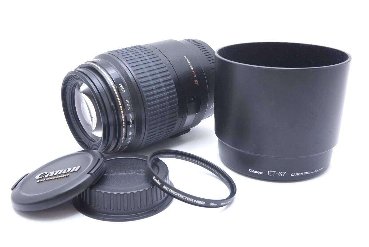 ▽CANON キヤノン MACRO LENS EF 100mm F2.8 USM 単焦点レンズ (前後キャップ・フィルター・フード付) 訳あり