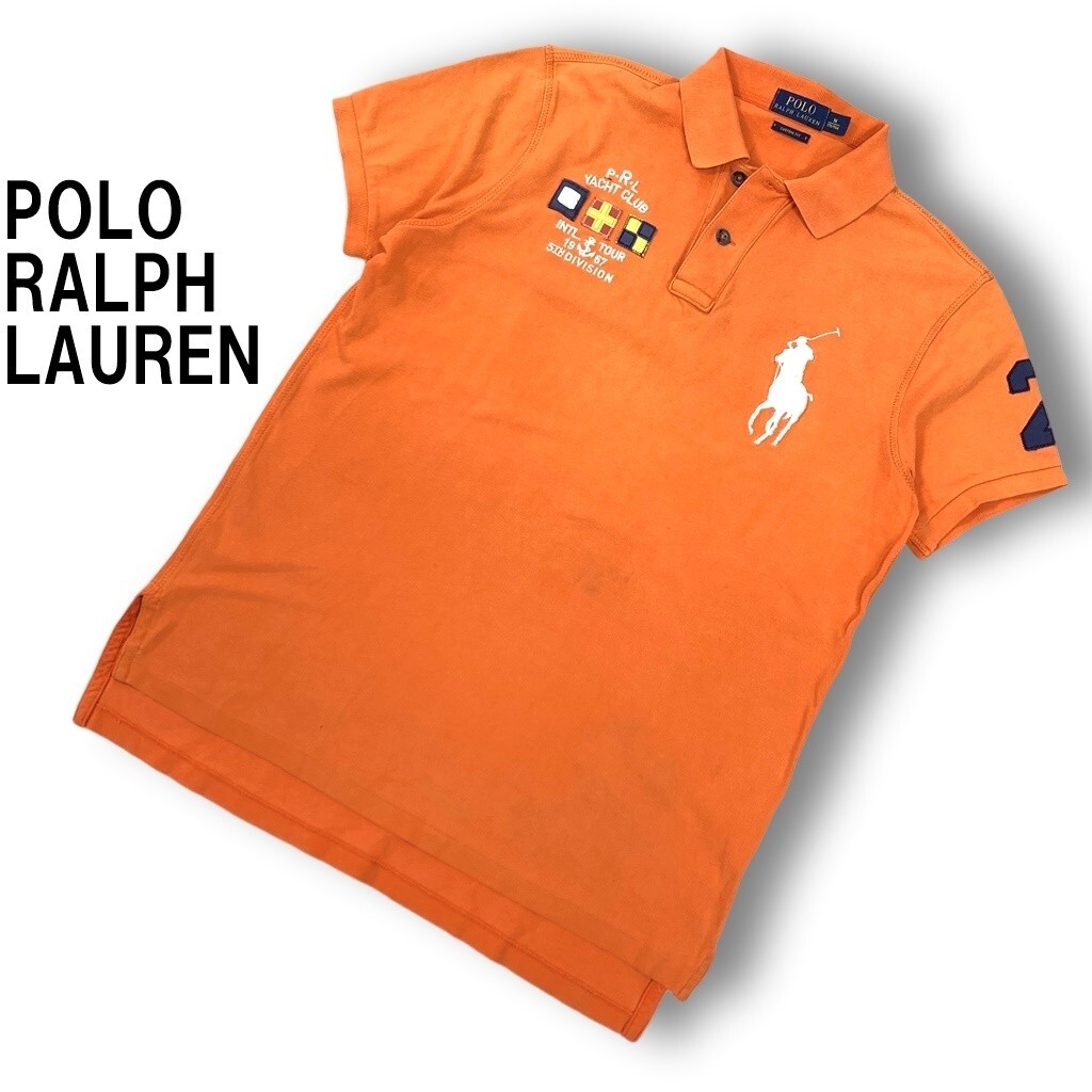 POLO RALPH LAUREN ポロラルフローレン 半袖ポロシャツ 綿 コットン ビッグ刺繍 ビッグポニー ワッペン オレンジ M ◆送料無料◆YC2552