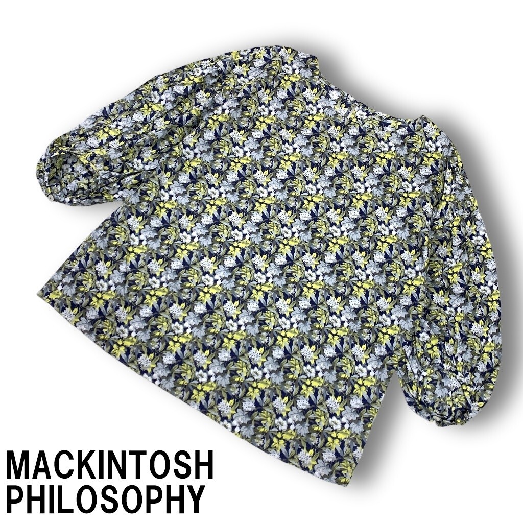 MACKINTOSH PHILOSOPHY マッキントッシュフィロソフィー 七分袖ブラウス トップス 綿 コットン 花柄 紺 ネイビー 36 ◆送料無料◆YC2977