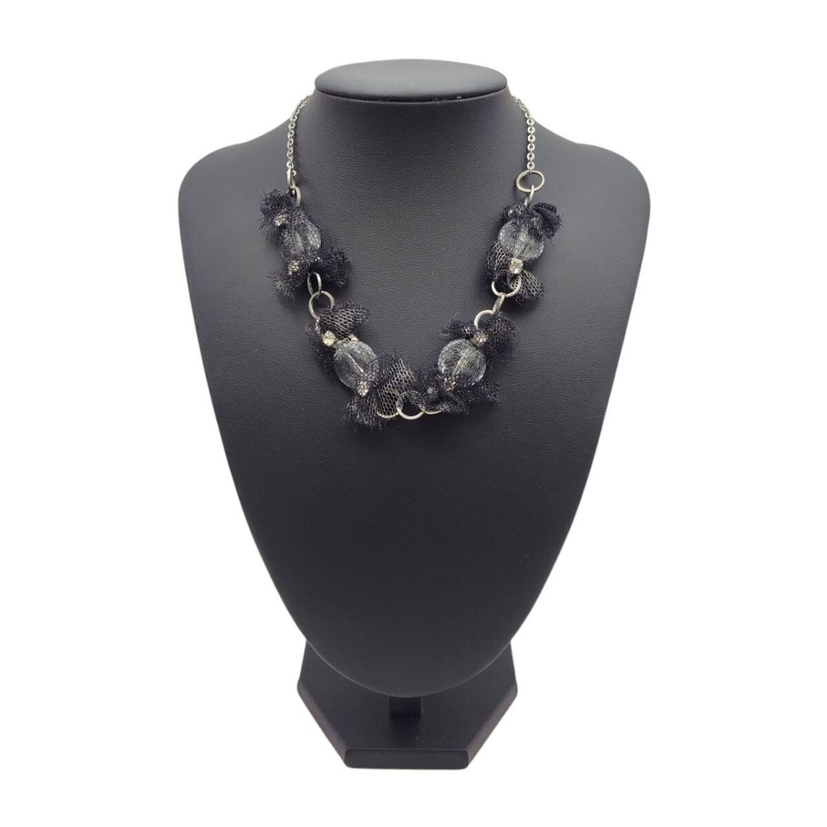 S-06912 LANVIN ランバン ネックレス チュール メッシュ リボン クリア ストーン ロゴチャーム付 大ぶり アクセサリー 現状品 015