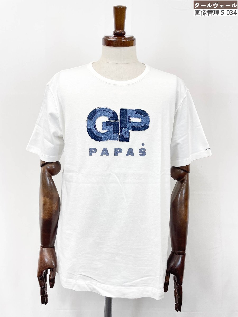 美品【パパス GP PAPAS】 パッチワークロゴ プリント 半袖Tシャツ カットソー (メンズ) sizeL ホワイト×ネイビー D0410UTS301A★33MTB0010