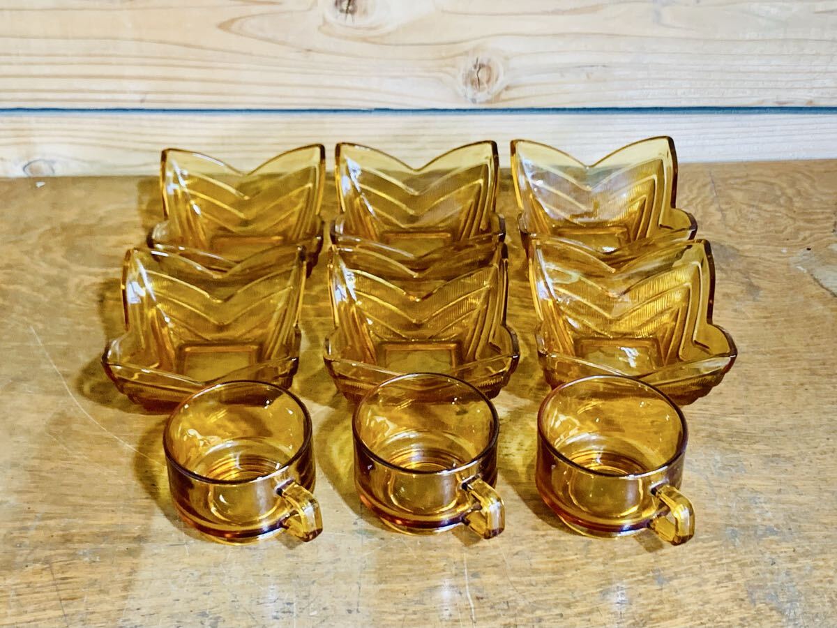 昭和レトロ 曽我ガラス SOGA GLASS アンバー ガラス 小鉢 カップ グラス 9個セット デザート椀 琥珀色 ヴィンテージ