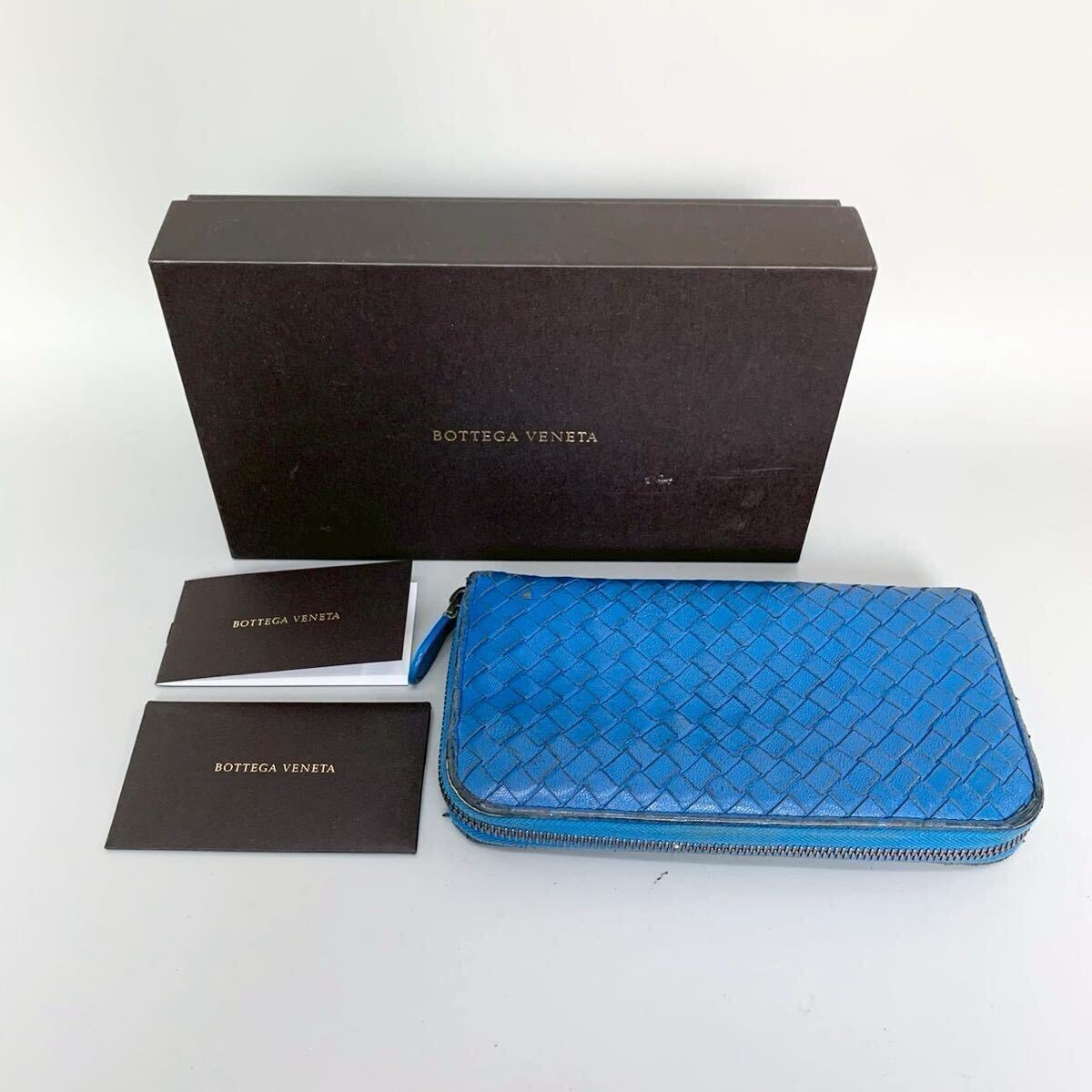 1円〜 BOTTEGAVENETA ボッテガヴェネタ イントレチャート ラウンドファスナー 長財布 ブルー 青 編み込み レザー ロングウォレット 