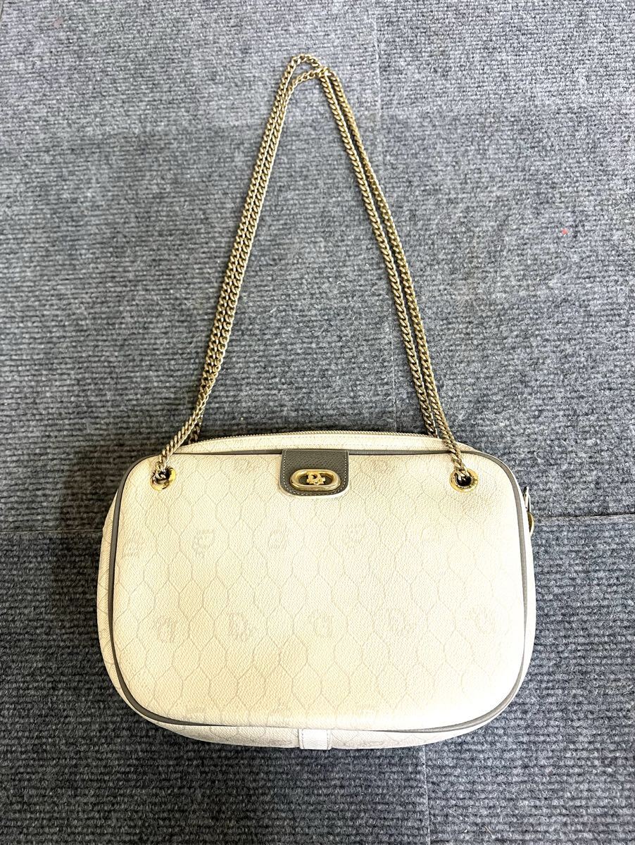 美品 Christian Dior クリスチャンディオール ハニカム柄 PVC/レザ― フラップ ショルダーバッグ ホワイト
