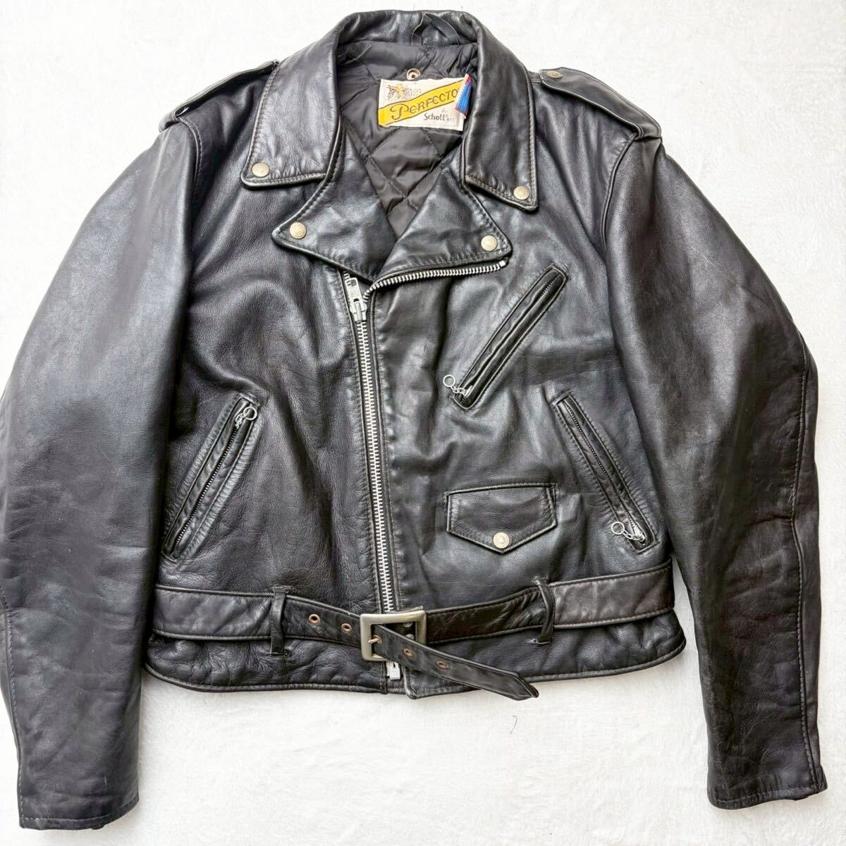 3089 希少XL◎42サイズ Schott ライダースジャケット バイカータグ キルティング ダブル 118 黒 本革 レザー ショット USA製 革ジャン