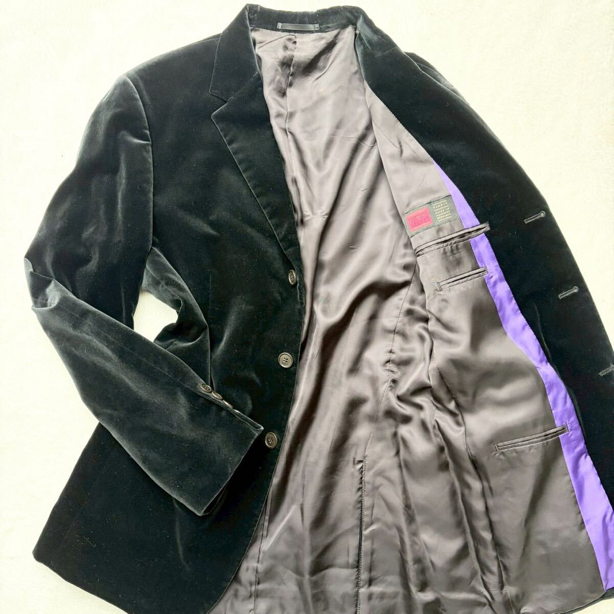 3118 美品◎希少L相当!!Paul Smith ポールスミス コットン テーラードジャケット ブレザー ベロア ベルベット ブラック 黒 光沢感 ビジネス