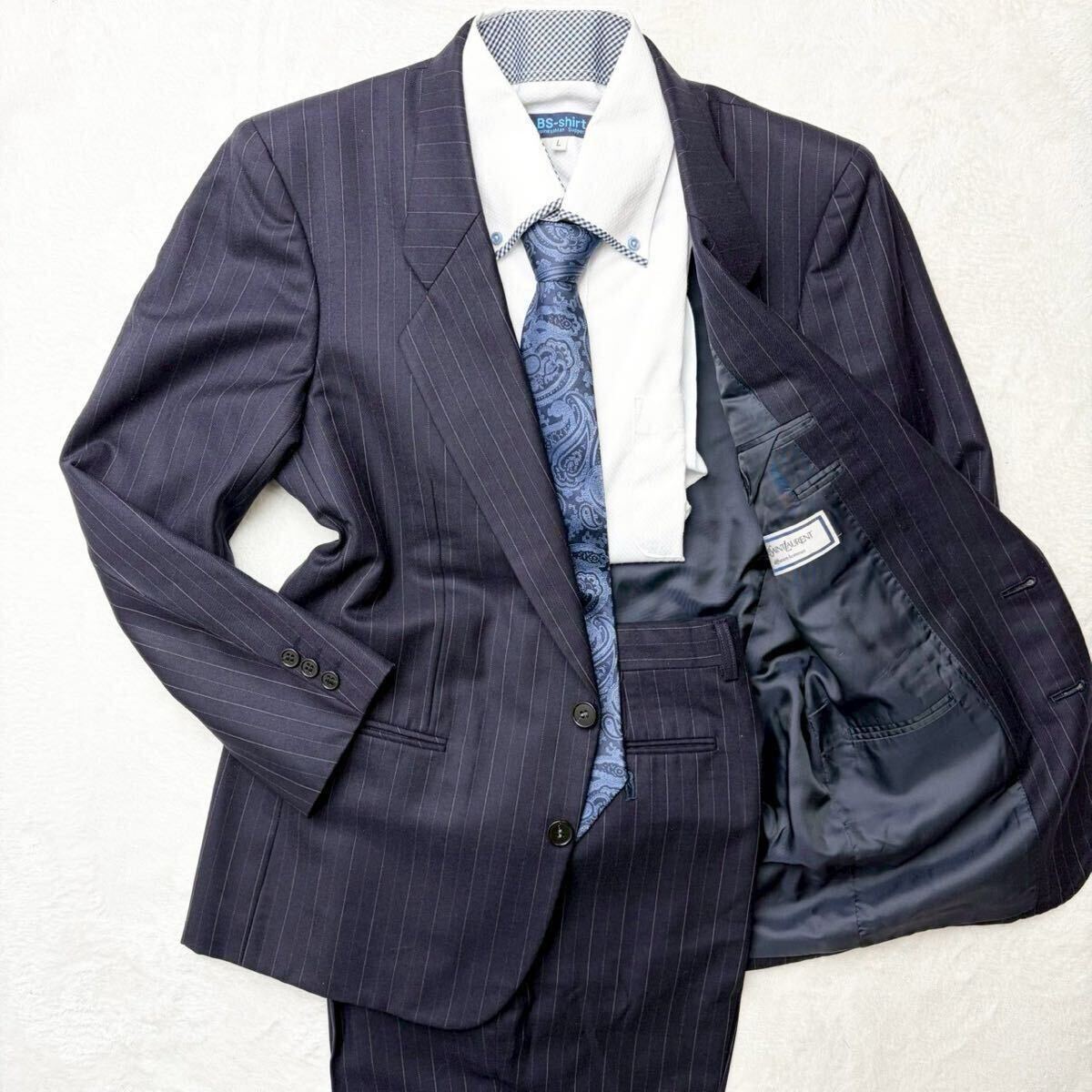 3105 美品◎L相当!!イヴサンローラン/Yves Saint Laurent メンズ ストライプ スーツ セットアップ 2B ジャケット パンツ ネイビー ビジネス