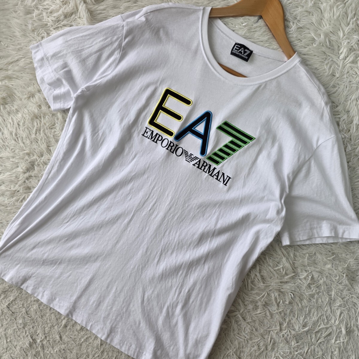 美品/XXL●EMPORIO ARMANI エンポリオアルマーニ 刺繍ロゴ 半袖 シャツ カットソー Ｔシャツ メンズ マルチカラー EA7 ホワイト系 コットン