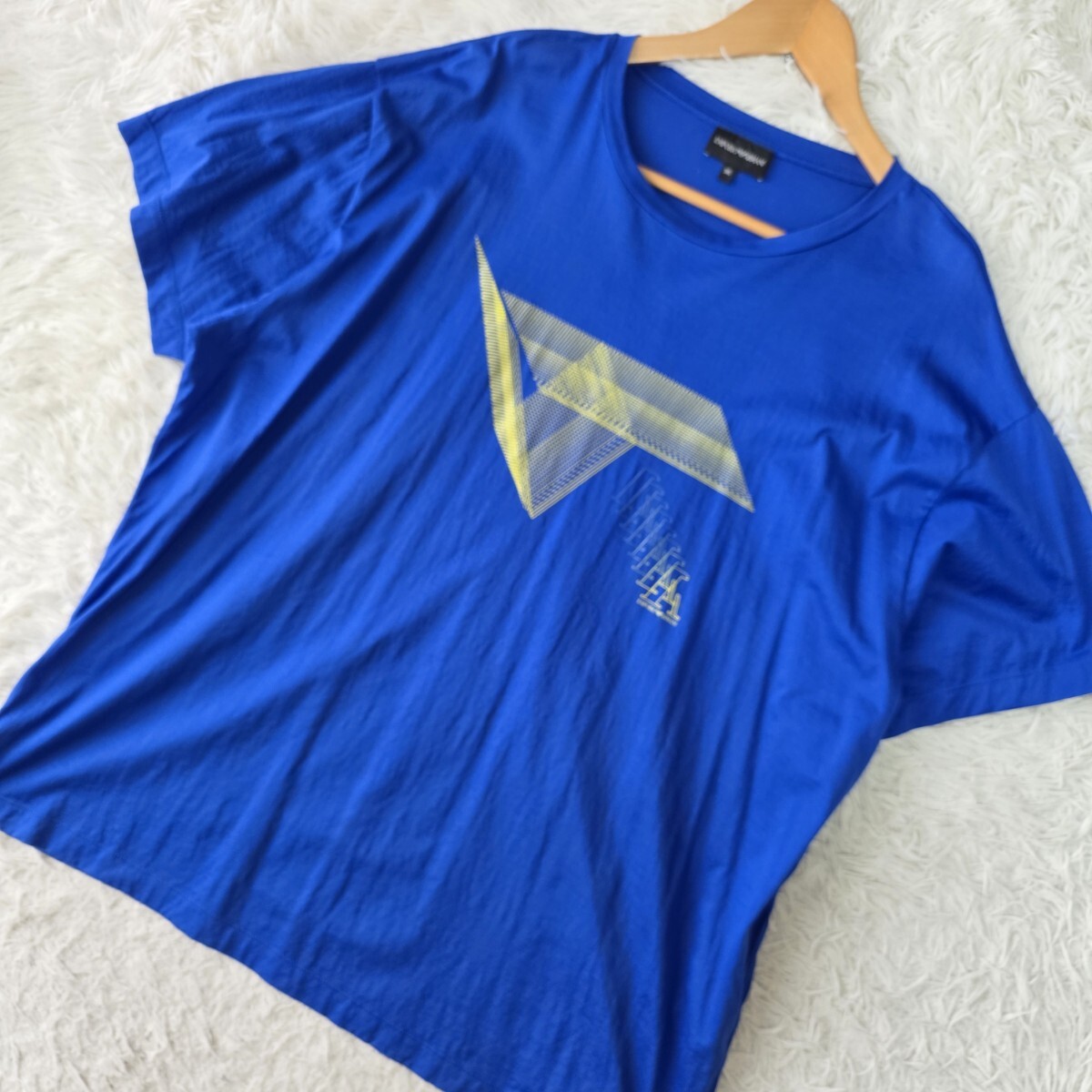 美品/3XL ●EMPORIO ARMANI エンポリオアルマーニ プリントロゴ 半袖 シャツ カットソー Ｔシャツ メンズ ブルー系 コットン 大きいサイズ