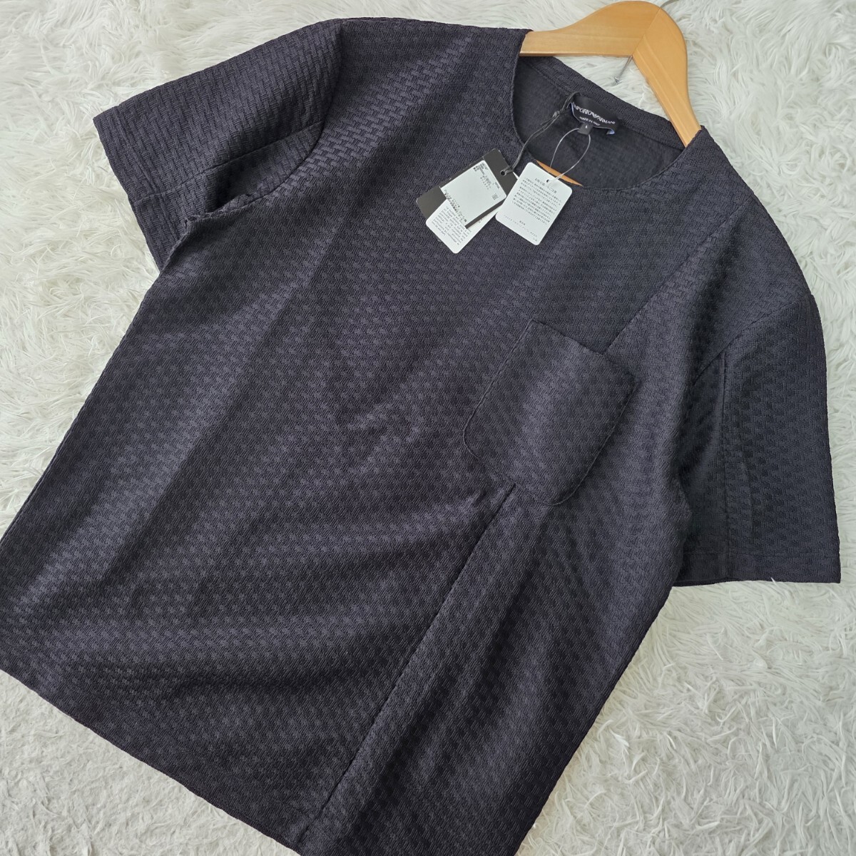 未使用/Lサイズ●EMPORIO ARMANI エンポリオアルマーニ 半袖 シャツ カットソー Ｔシャツ メンズ 編み込みデザイン 凸凹 ワッフル ブラック