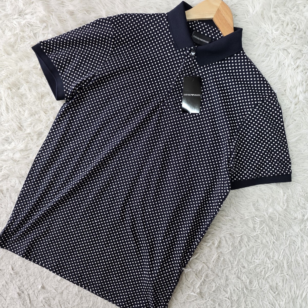 未使用/タグ付き ●EMPORIO ARMANI エンポリオアルマーニ イーグルロゴ 半袖 ポロシャツ メンズ コットン ドット柄 ネイビー系 トップス M