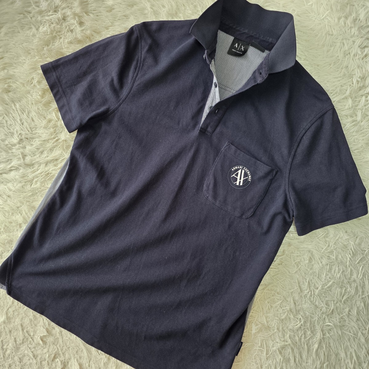Lサイズ ●ARMANI EXCHANGE アルマーニエクスチェンジ トップス ポロシャツ ストレッチ コットン 切り替え メンズ ゴルフ ブラック系 春夏