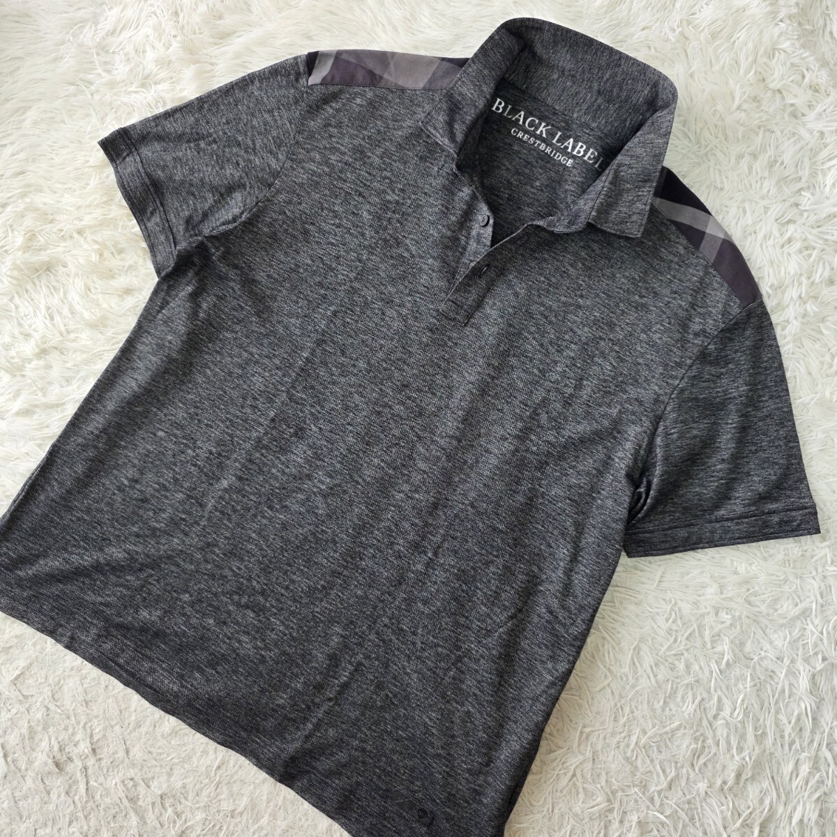 稀少4L ●ブラックレーベルクレストブリッジ 半袖 ポロシャツ CBチェック BLACK LABEL CRESTBRIDGE メンズ レザータグ チャコールグレー系