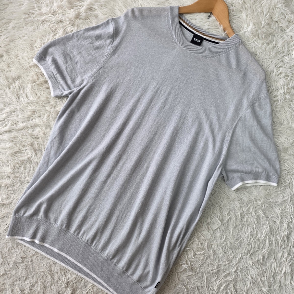 美品/現行/XL ●ヒューゴボス HUGO BOSS【上品なリネン】トップス 半袖 リブニット カットソー シャツ クルーネック メンズ 春夏 大谷翔平