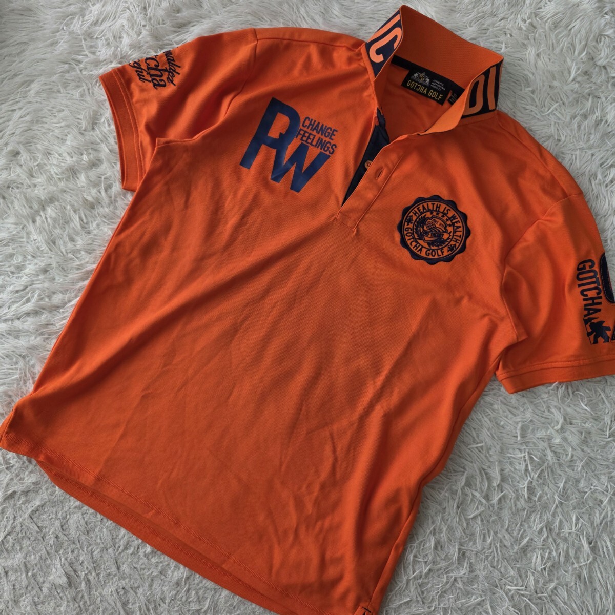 美品/XL ●ガッチャゴルフ 吸水 速乾 半袖 ポロシャツ トップス 春夏 GOTCHA GOLF メンズ ゴルフウェア 刺繍 プリントロゴ オレンジ系 