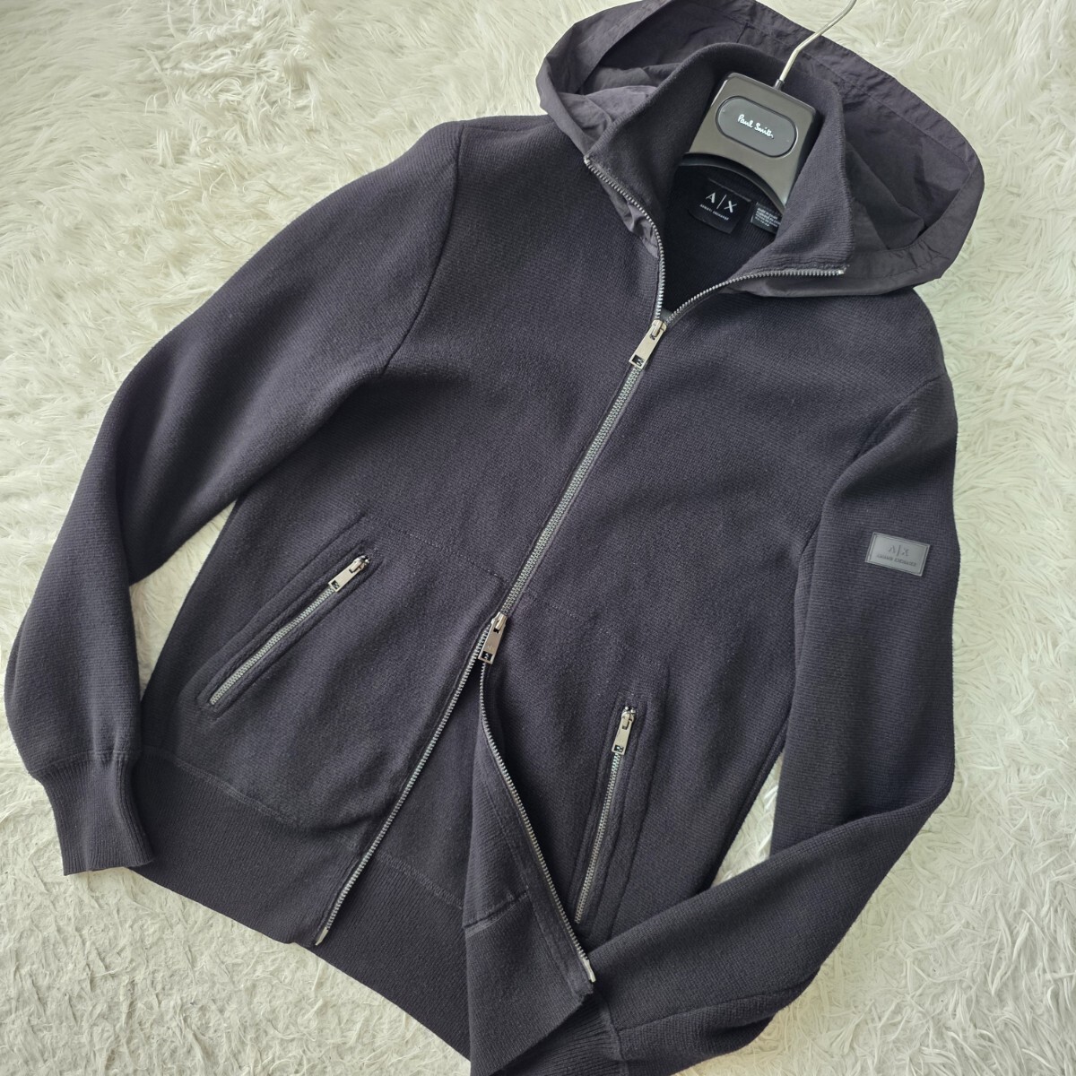 ARMANI EXCHANGE アルマーニ エクスチェンジ Wジップ ニット パーカー ジャケット ブルゾン フーディ ブラック系 AXロゴ 切り替え メンズ