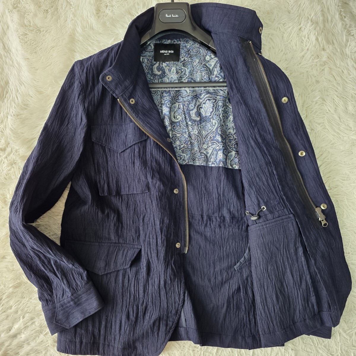 ●メンズビギ MEN'S BIGI フード付き ブルゾン【紳士のシャリ感】フィールド ジャケット ダブルジップ メンズ ペイズリー柄 シワ加工 M65 