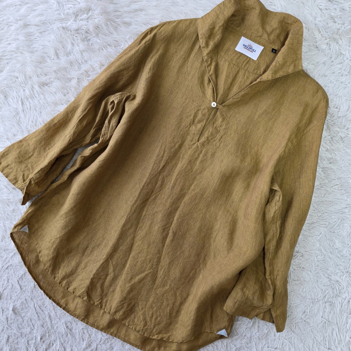 XL相当 ●GALLIPOLI camiceria リネン100% 長袖シャツ ガリポリ カミチェリア カプリシャツ トップス プルオーバー カーキ系 麻 メンズ 50