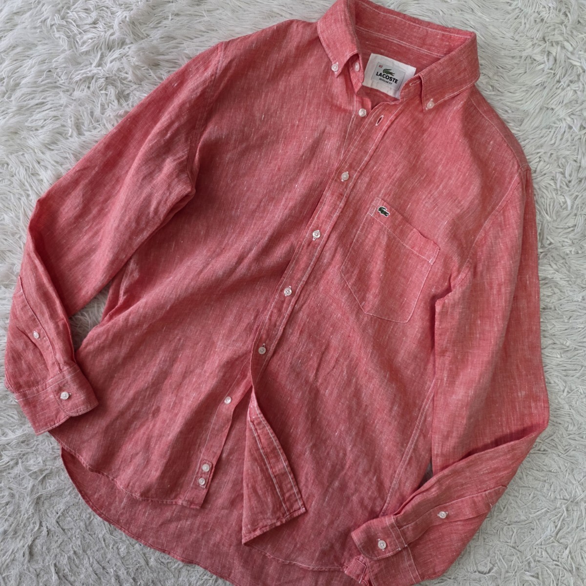 美品/XL相当 ●LACOSTE ラコステ 長袖シャツ【リネン100%】トップス メンズ 麻 ボタンダウン 羽織り 春夏 ピンク オレンジ系 ワニロゴ 40