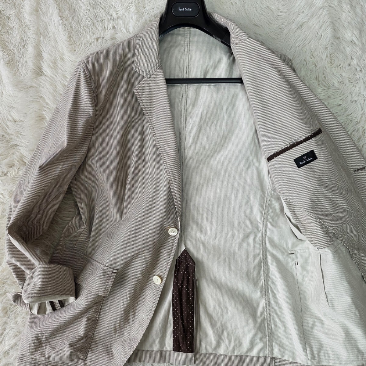 稀少2L ●ポールスミス テーラードジャケット【コットン&リネン】Paul Smith ブラウン系 ストライプ 春夏 綿 麻 メンズ 日本製 XL ビジカジ