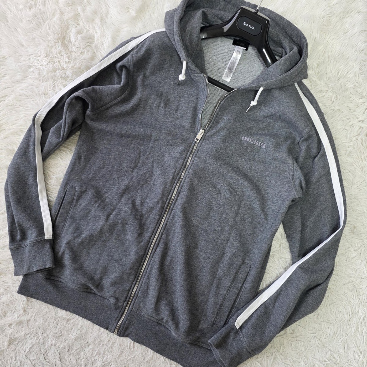 稀少XL ●ディーゼル DIESEL ジップパーカー コットンニット ジャケット ブルゾン フード 春夏 メンズ グレー系 ライン 刺繍ロゴ メンズ