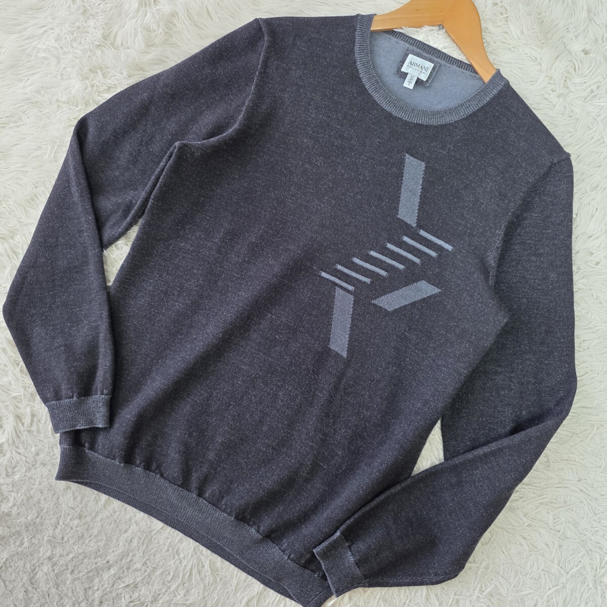 美品/size50 ●アルマーニ コレツィオーニ ARMANI COLLEZIONI サマーニット セーター 春夏 薄手 ストレッチ メンズ チャコール系 ウール