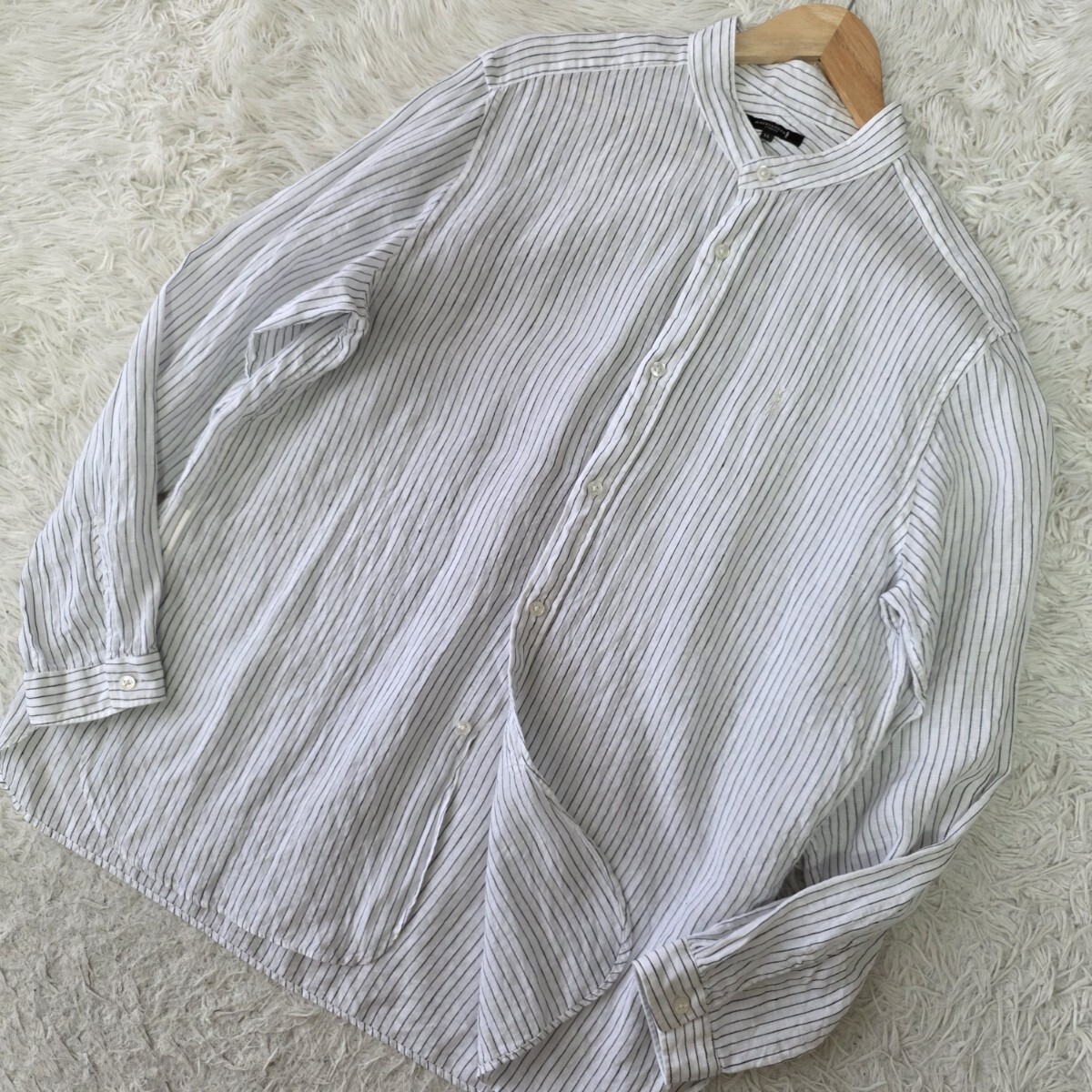美品/XL/リネン100%●マッキントッシュ 長袖シャツ トップス バンドカラー 刺繍ロゴ ボタン 近年モデル 春夏 MACKINTOSH ストライプ メンズ