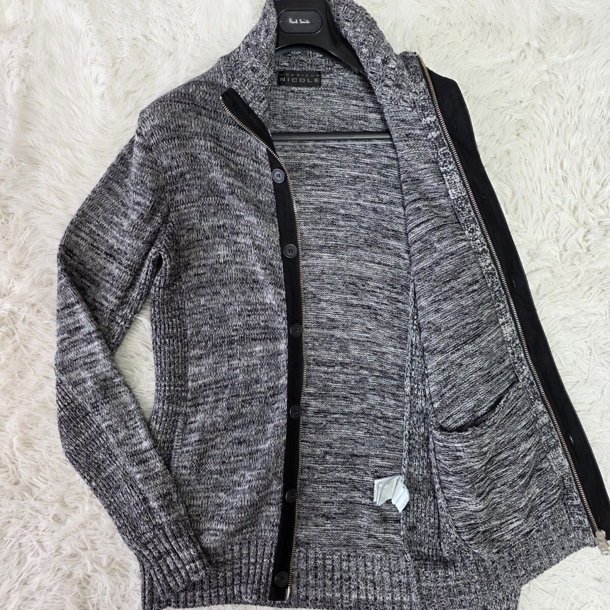 size48 ●ムッシュニコル monsieur NICOLE ニット ジャケット ダブルジップ スタンドカラー コットンブレンド パイピング レザー メンズ