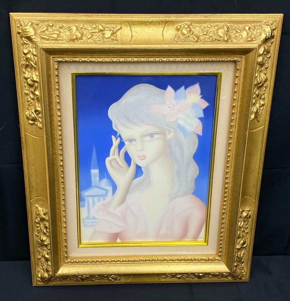 【江】安食一雄『花飾り』油彩 模写 サイン有 ４F 約52cm×43cm 古美術品(人物画絵画アートコレクション)XZ2335 LTaijh ATkwkm